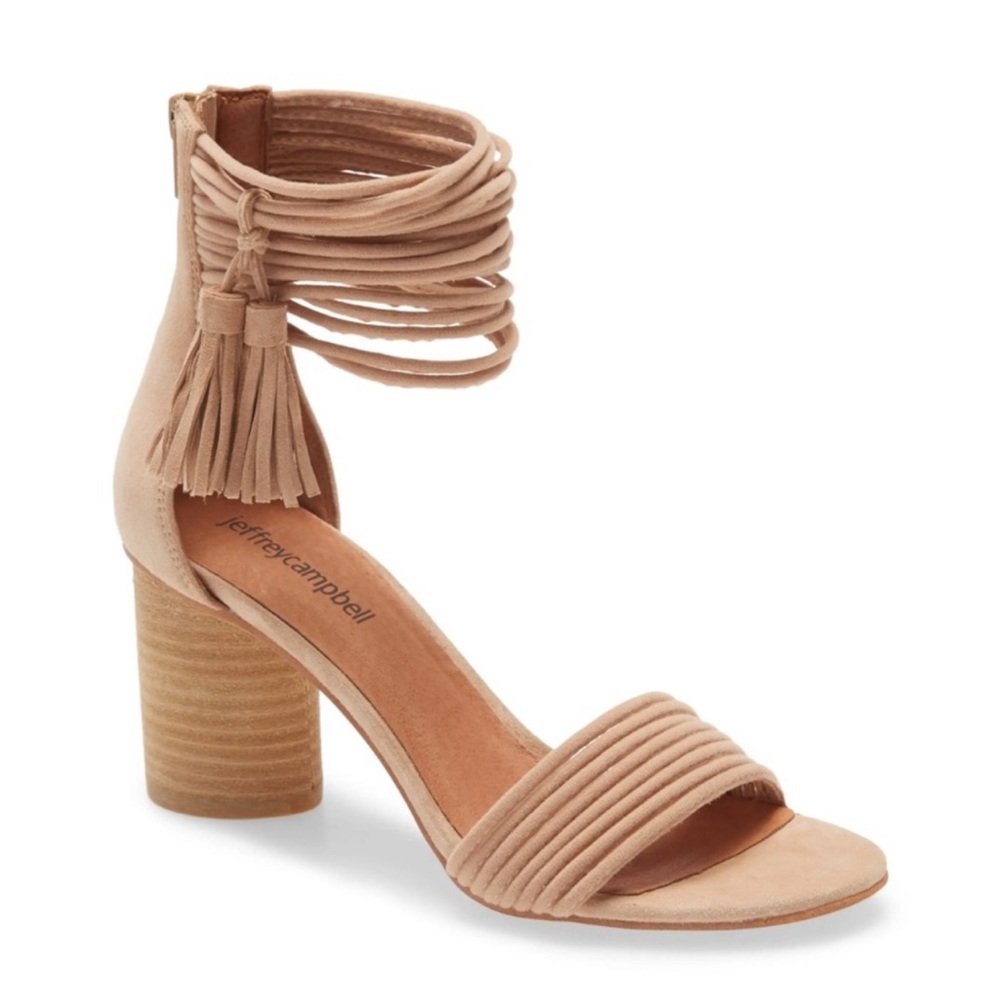Jeffrey Campbell Pallas Rope strap tassel block heel sandals. 6 1/2. Tan.NWOB